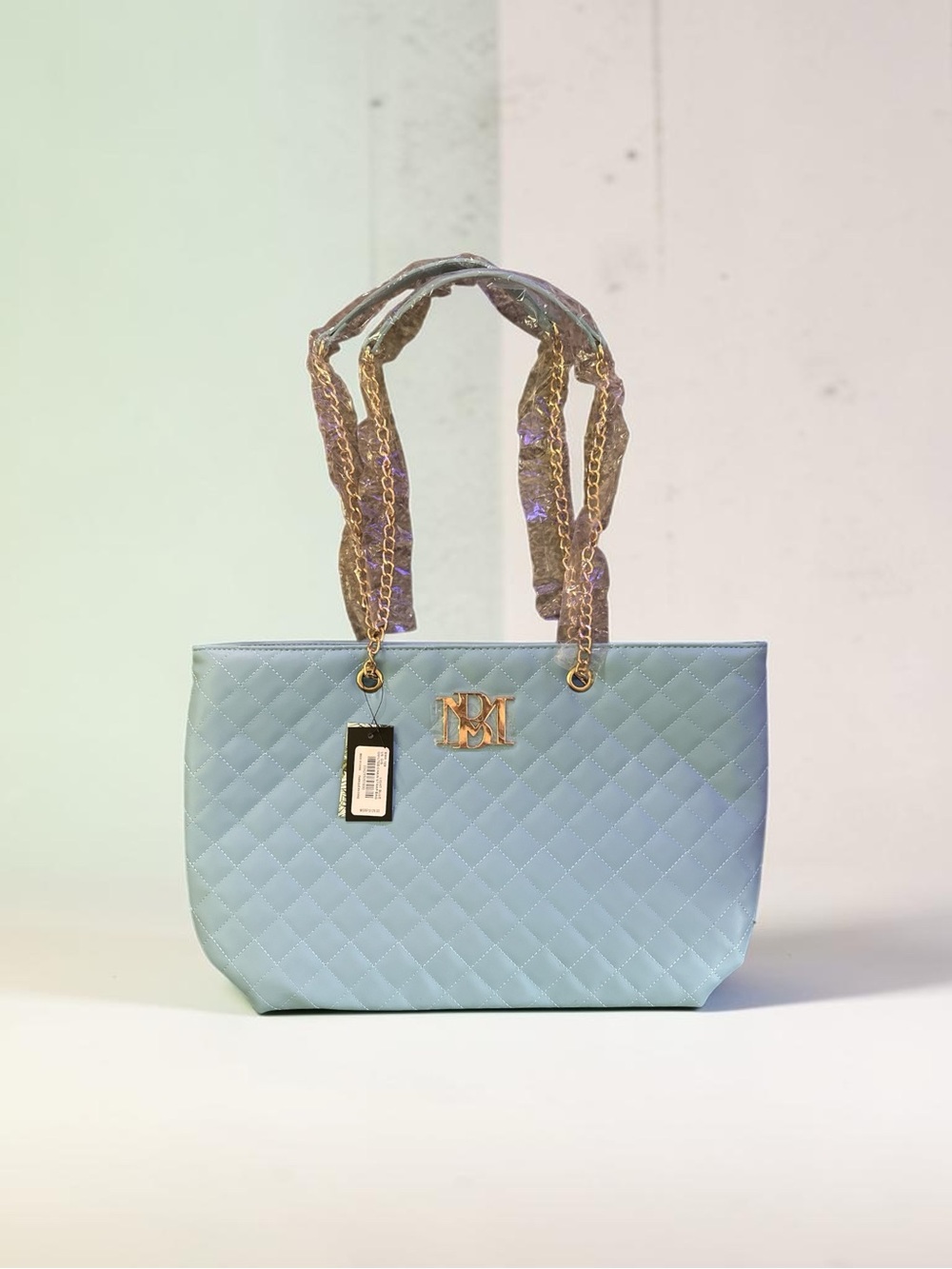 Badgley Mischka Quilted Light Blue Tote Bag with Gold Chain Handles NWT